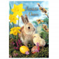 Preview: Oster-Postkarte Hase mit Kücken und Blumen