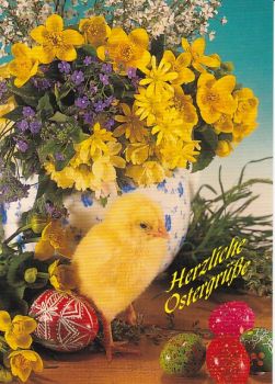 Oster-Postkarte Kücken mit Blumen und Oster-Eier